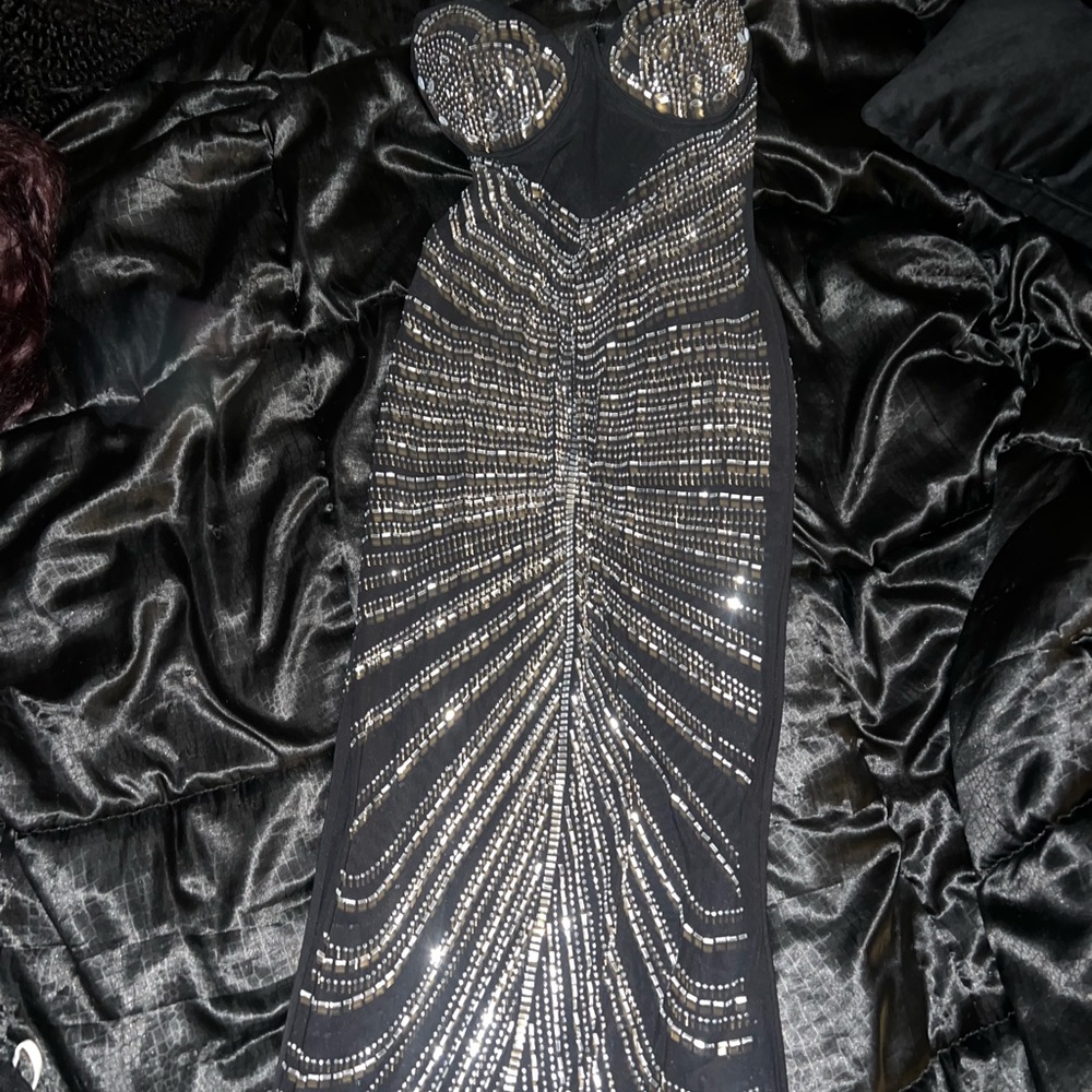 Strapless Black Sequin Evening Dress
